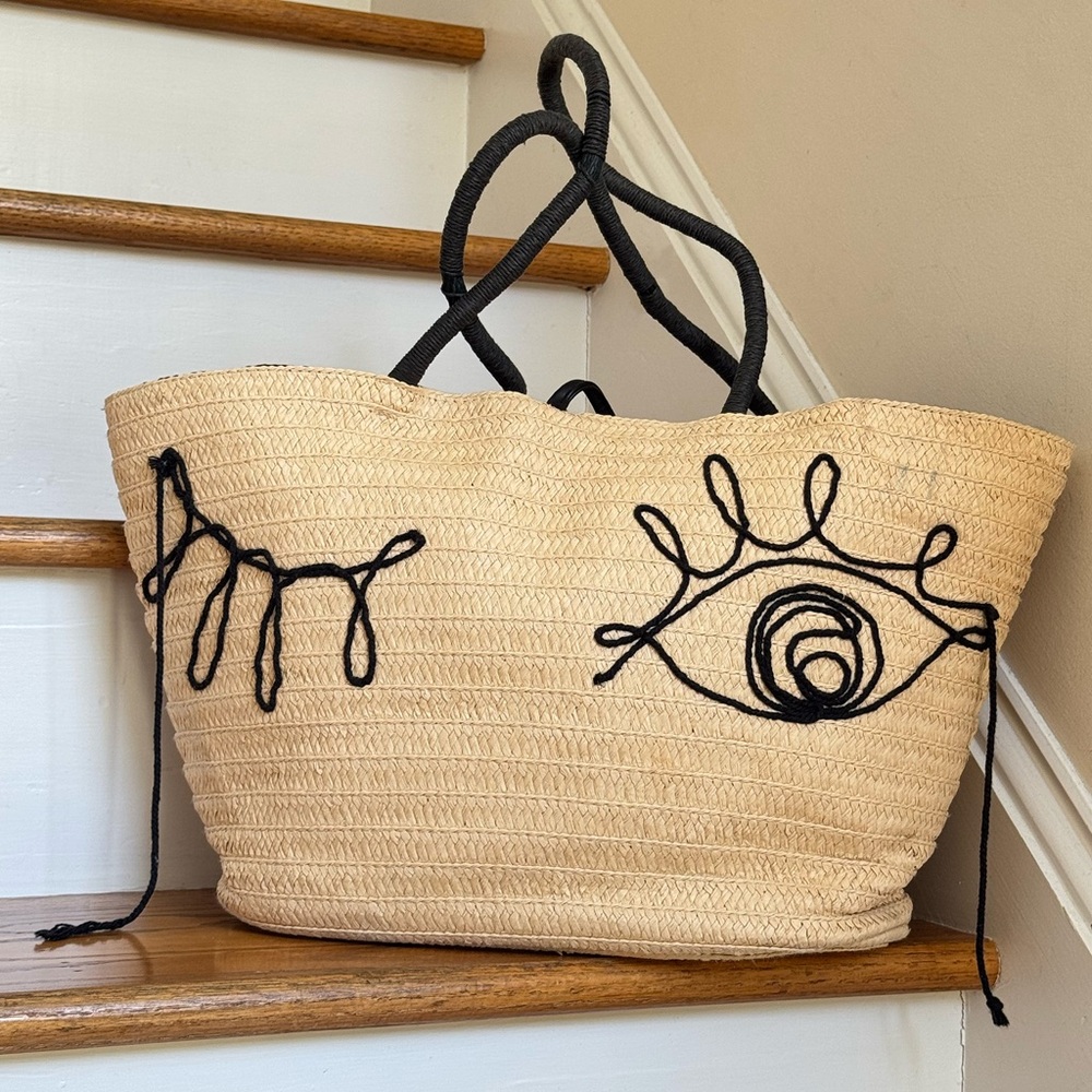 H&M Winky Face Straw Tote Bag Oversized Beach Market Bag - Picture 3 of 8